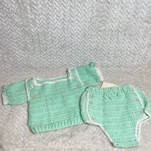 Vintage Handmade Light Green Knitted 2 piece Infant Outfit OS OOAK - Picture 1 of 10